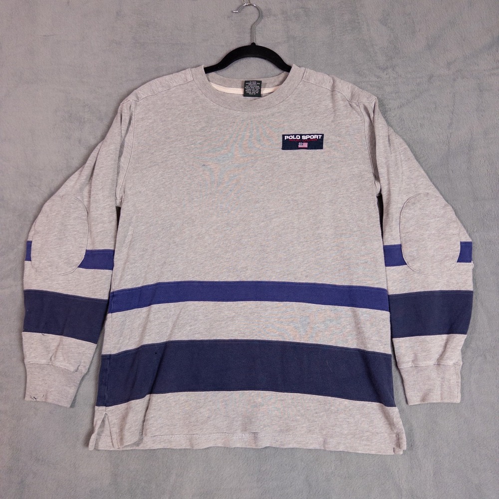 Polo Sport Ralph Lauren Shirt Mens Large Grey Blue Stripe Elbow Patch Good